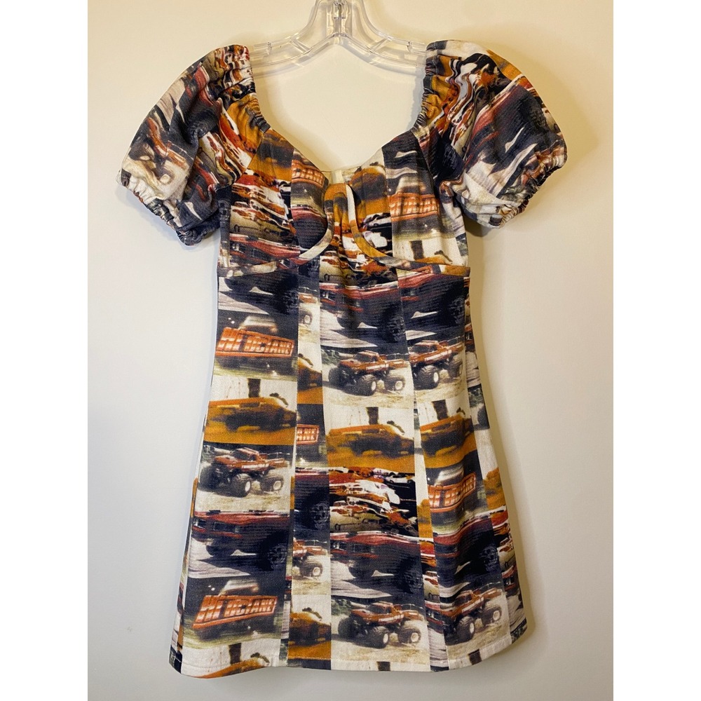 Realzz Official New Look Monster Truck‎ Print Mini Dress Puff Sleeve Cotton S